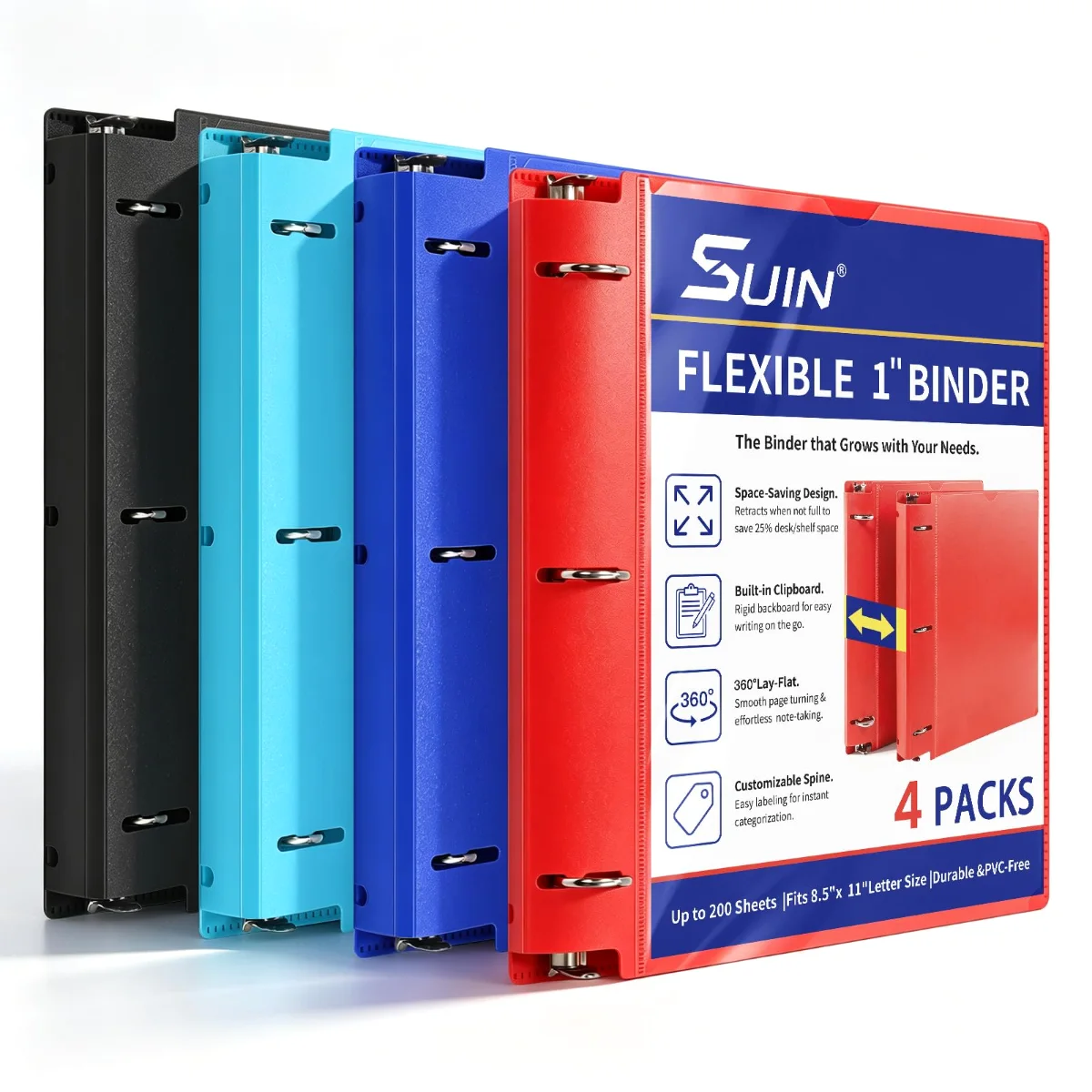 SUIN Expandable-Spine 1-Inch Binders, 4 Colors