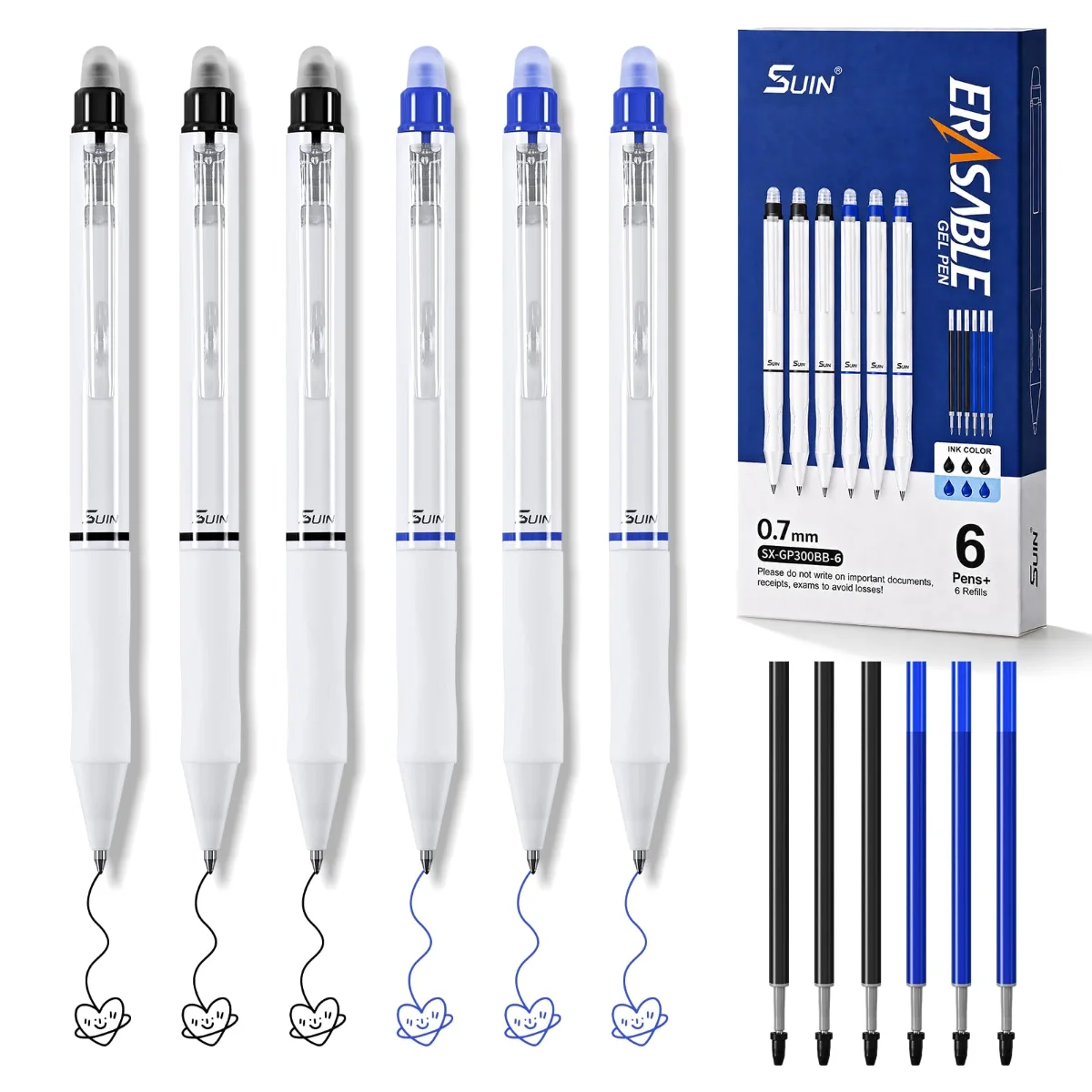 SUIN Erasable 0.7mm Gel Pens, 6 Pens and 6 Refills