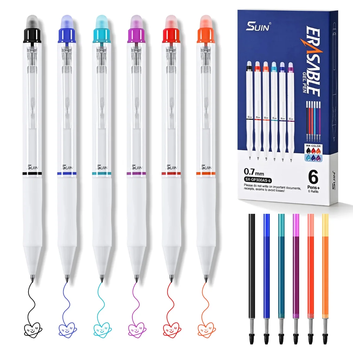 SUIN Erasable 0.7mm Gel Pens in 6 Colors, with Refills