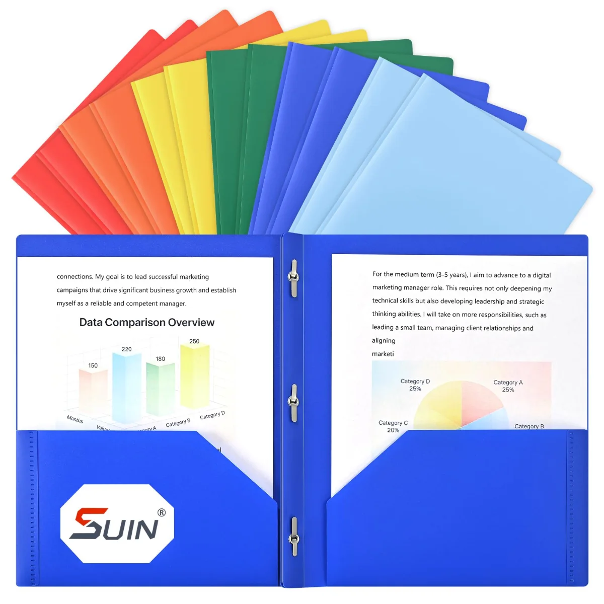 SUIN Plastic Project Folders with Pockets and Prongs, 12-Pack