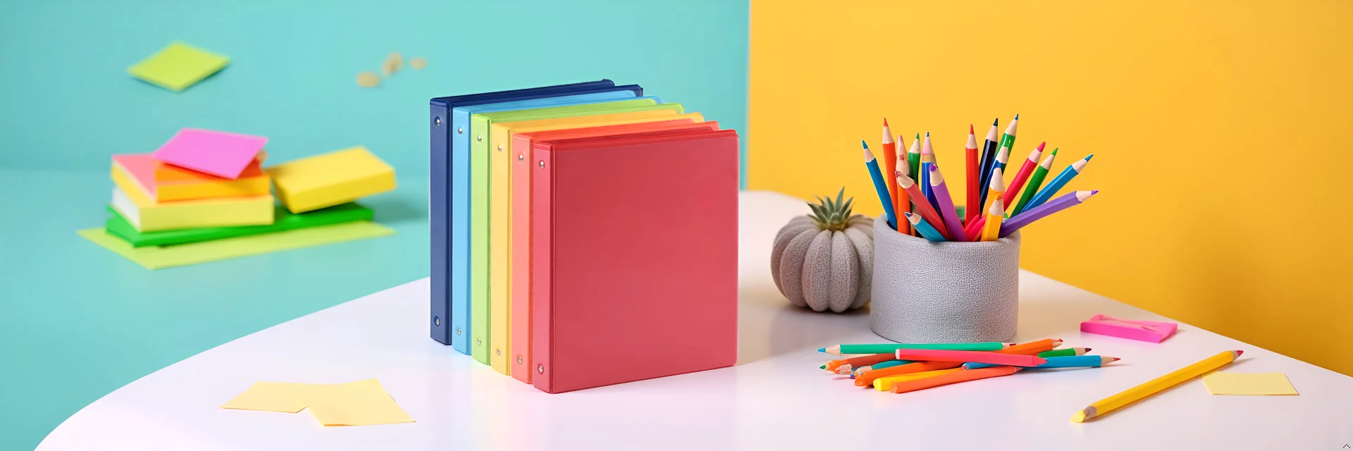 SUIN binders in rainbow colors next to a cup of colored pencils