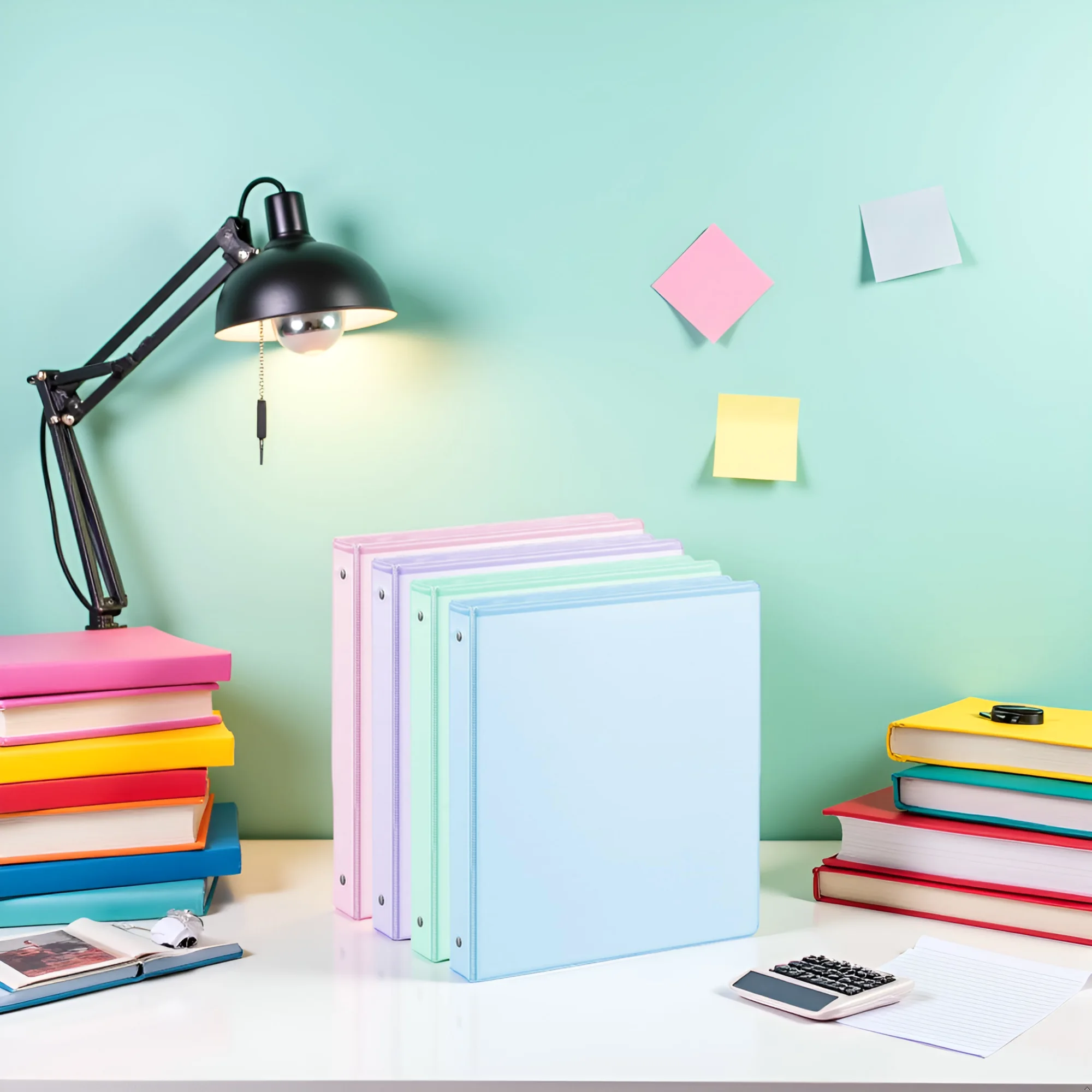 SUIN 1-inch binders in pastel blue, green, purple and pink stacked on a desk under a lamp