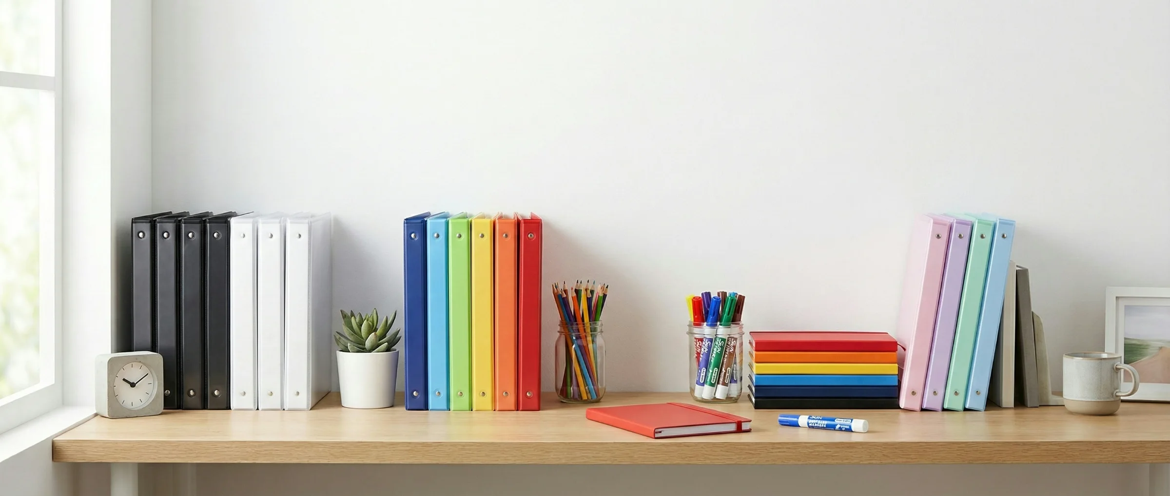 SUIN binders in rainbow colors on a home-office shelf